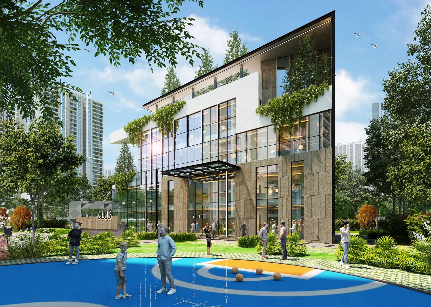 Clubhouse aerial with pool deck